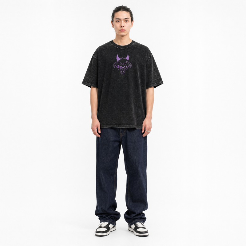 Model wearing the Phantom Grin Vintage Tee, front view