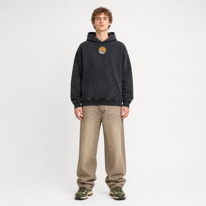 Model wearing the Celestial Flight Vintage Hoodie, front view