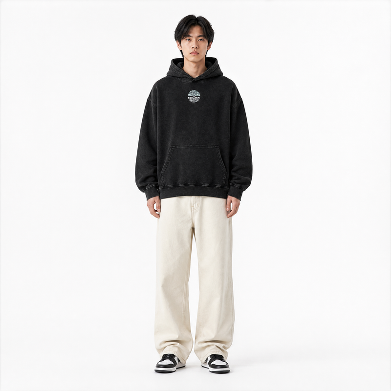Model wearing the Sleep Mode Vintage Hoodie, front view